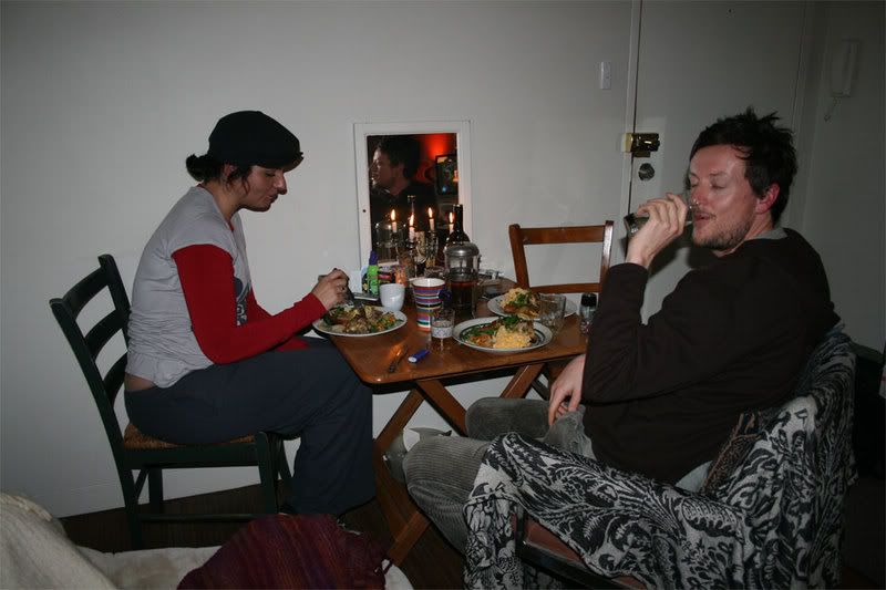 Tobes and Helen tucking into sausage chicken