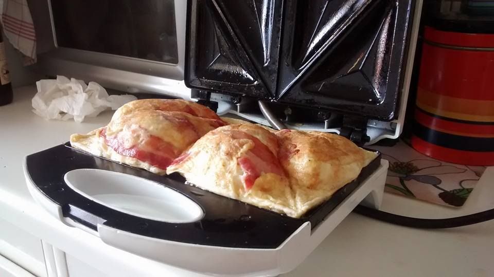 So I just invented the omelette toastie egg, bacon & cheese or
