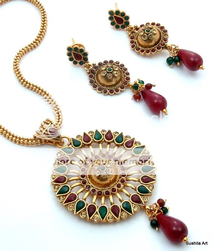 Beautiful 3 Pc Pendant Earring Jewelry Set, Golden Chain With Ruby 